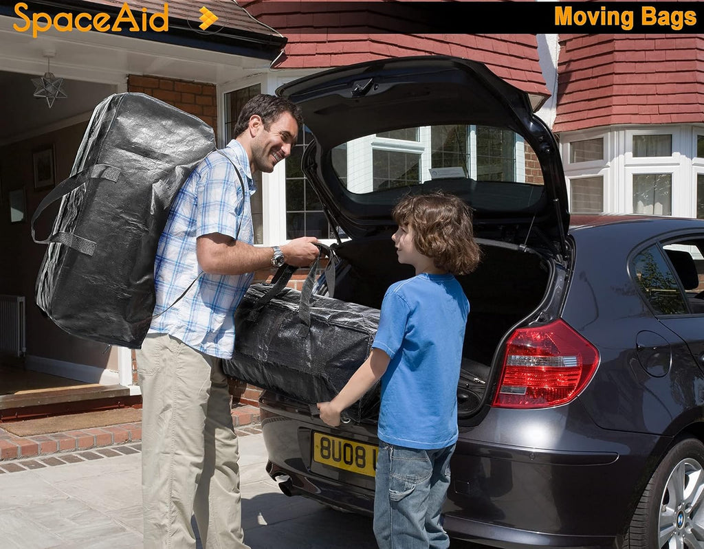 SpaceAid Heavy Duty Moving Bags - Extra Large Storage Totes with Backpack Straps & Strong Handles | Black (4 Pack)