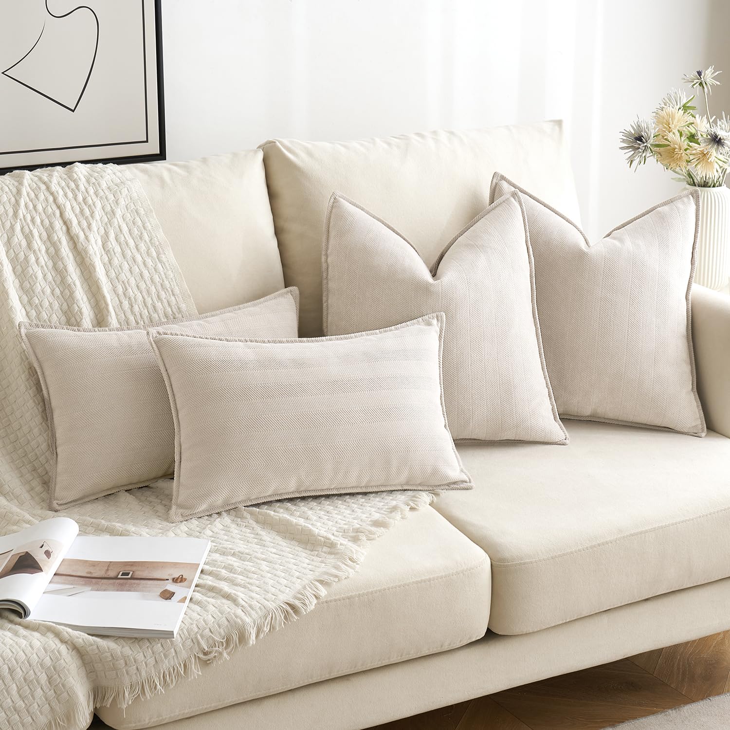 MIULEE Pack of 2 Cream Beige Decorative Pillow Covers 20x20 Inch Soft Chenille Luxurious Couch Throw Pillows Farmhouse Cushion Covers with Elegant Design for Sofa Bedroom Living Room Summer Decor