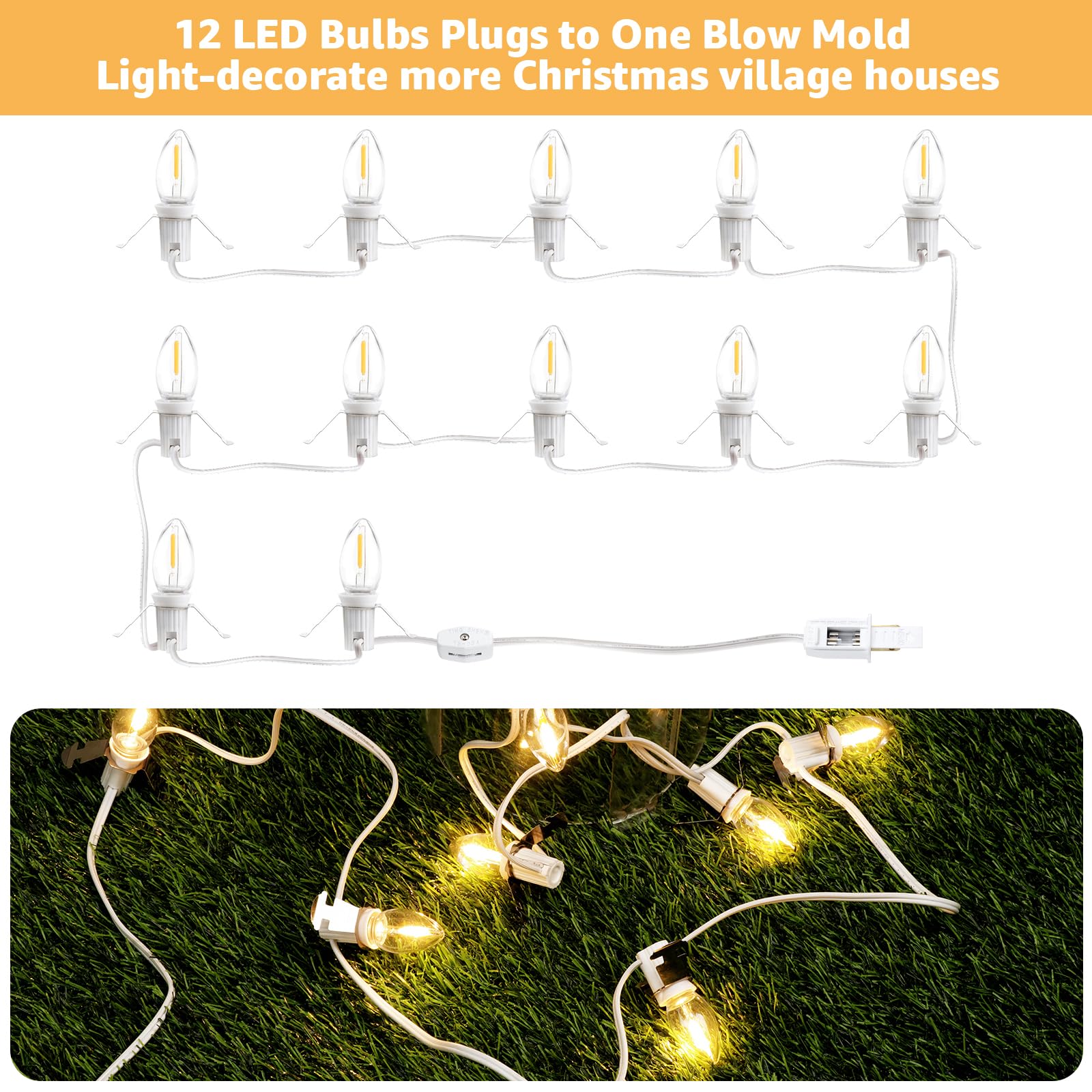 Lusperi Christmas Village Lights with 12 Led Light Bulb,C7 Cord Clip Lights for Christmas Village Cottages,Pumpkins,Outdoor Atmosphere Decoration.for Blow molds