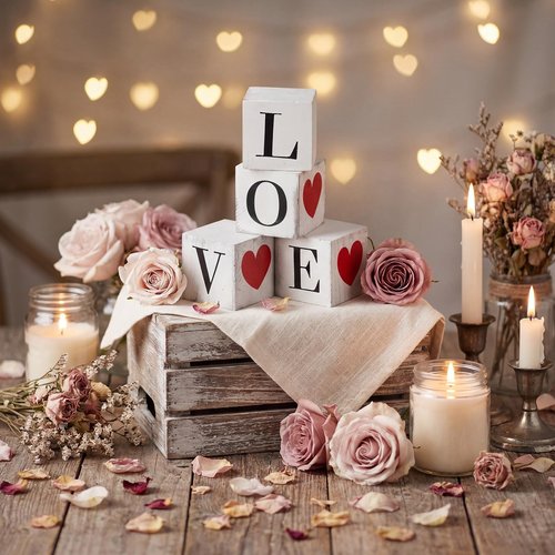 Yousoontic 4 Pcs Valentine's Day Wooden Decorations Double-Sided Love Heart Wood Block Sign Rustic Farmhouse Valentines Tiered Tray Decor Table Centerpiece for Wedding Anniversary Party Office Shelf