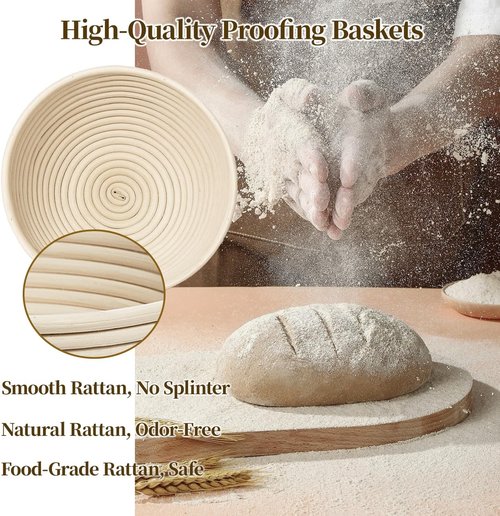 Banneton Bread Proofing Basket Set - 9-Inch Round Natural Rattan with 4 Linen Liners | Perfect for Sourdough Baking