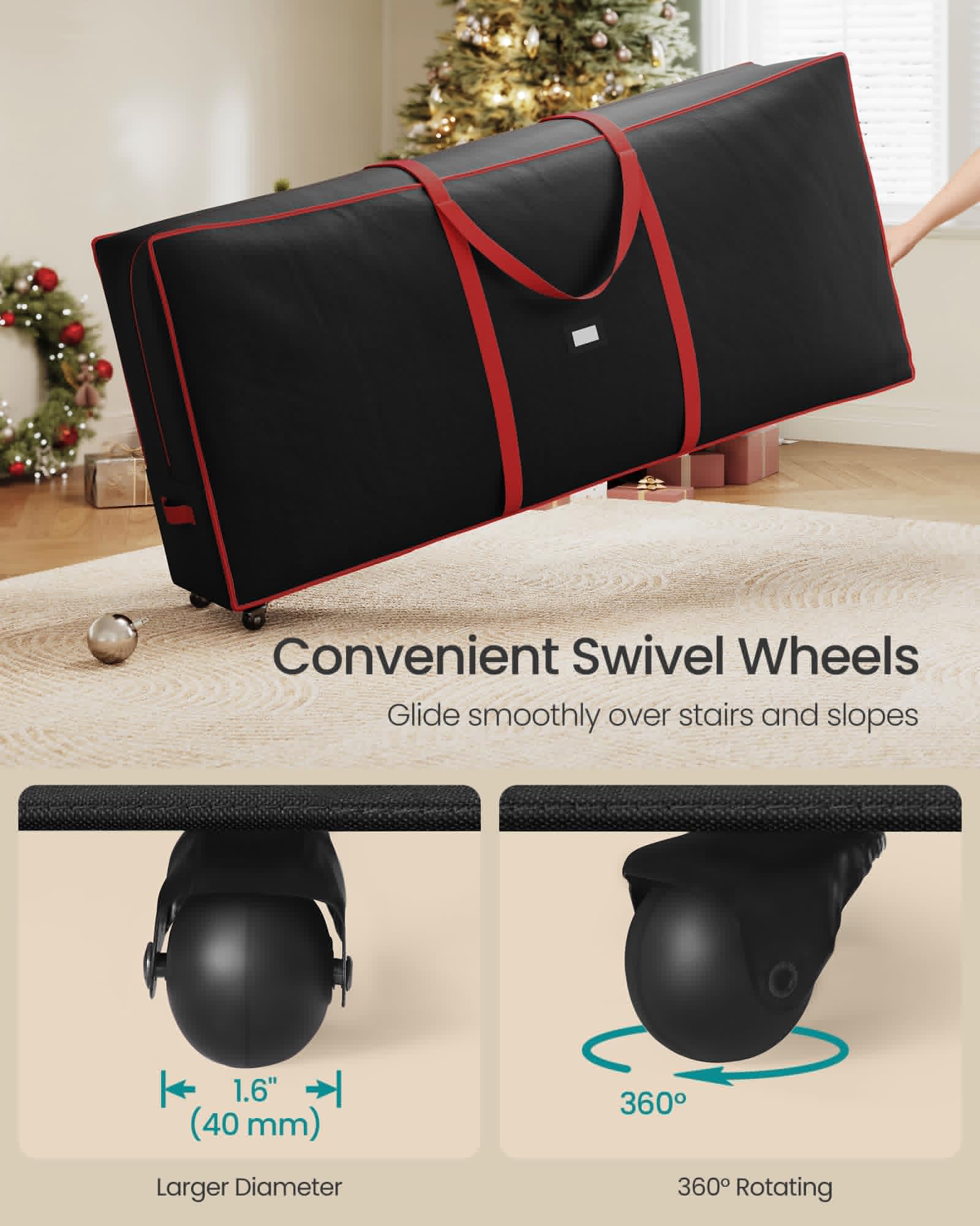 SONGMICS Christmas Tree Storage Bag with 1.6-Inch Wheels, Rolling Storage Bag, up to 9 ft, For Disassembled Holiday Tree, Length-Adjustable Handles, 600D Oxford Fabric, Ink Black URXS004B01