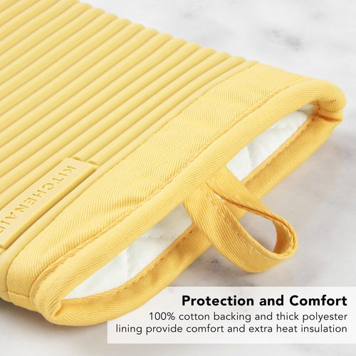 KITCHENAID Ribbed Soft Silicone Oven Mitt 2-Pack Set, 7.5"x13", Butter Yellow