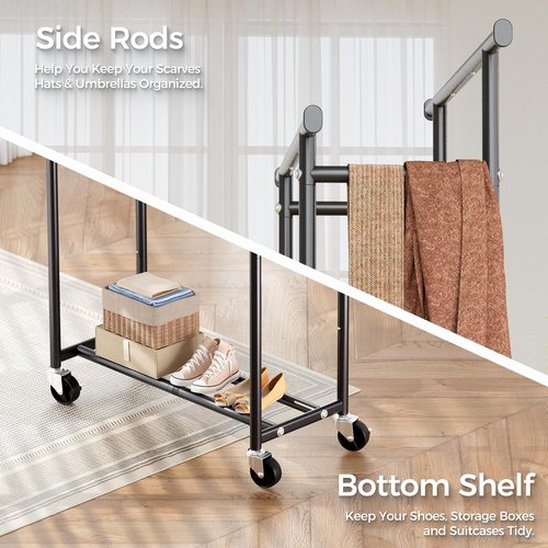 HYSEYY Clothes Rack - Portable Double Rod Rolling Garment Rack with Wheels | 240 LBS Capacity, Black