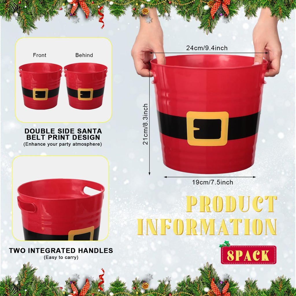 Sliner 8 Pack Empty Christmas Plastic Buckets with Handles Red Santa Belt Round Basket Multi Purpose Container Christmas Decorations Candy Bars Vase Toy Baskets for Christmas Winter