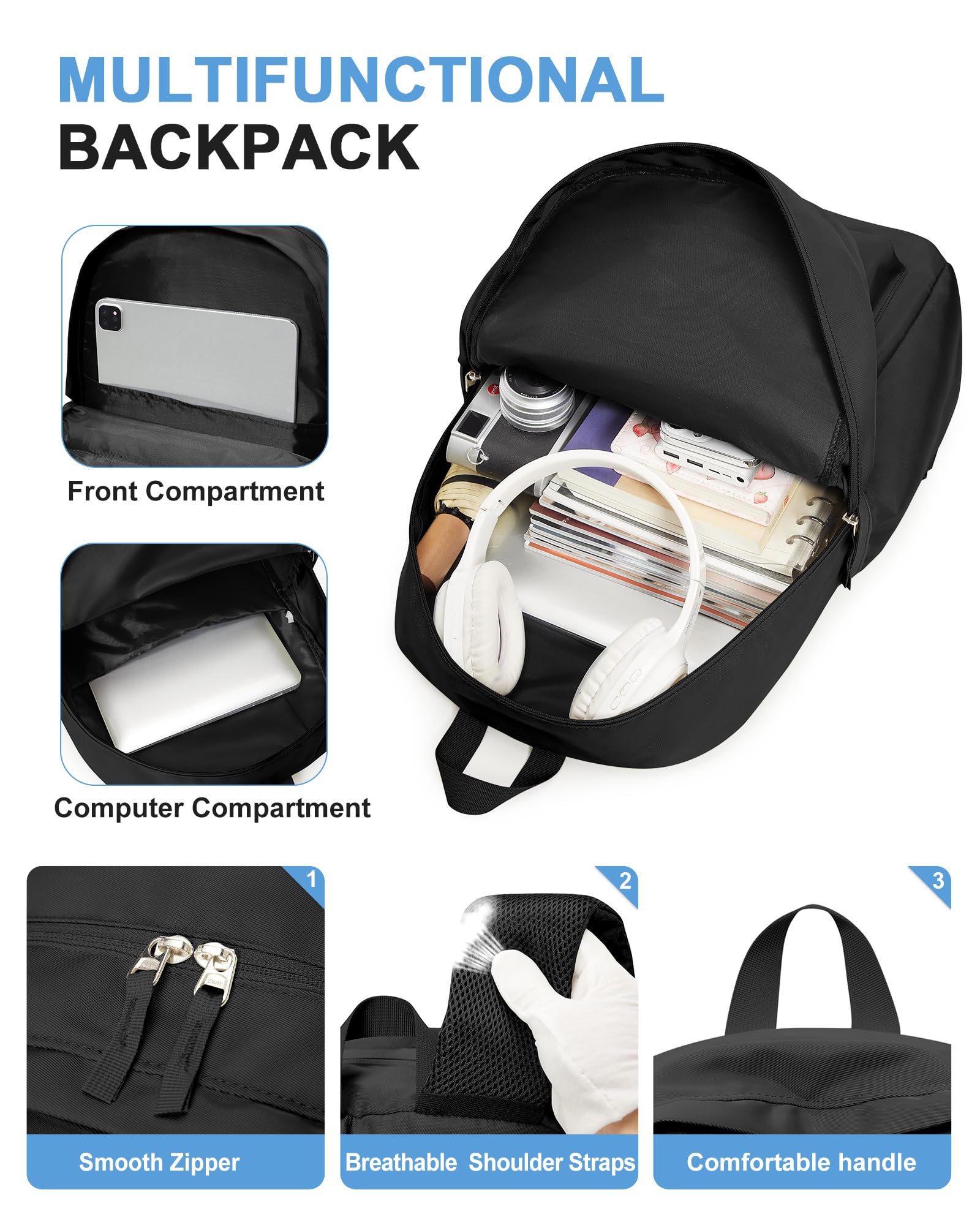 VGCUB Black School Backpacks Travel Book Bag Waterproof Work Light Aesthetic College Backpack for School Girls Boys Teens Mochilas Escolares Para Niñas Casual Daypack for Women Men