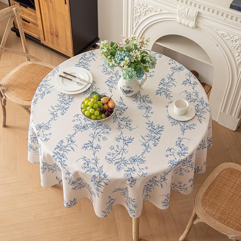 Round Tablecloth 70 Inch - Faux Linen Water-Resistant Floral Blue, 70" Diameter