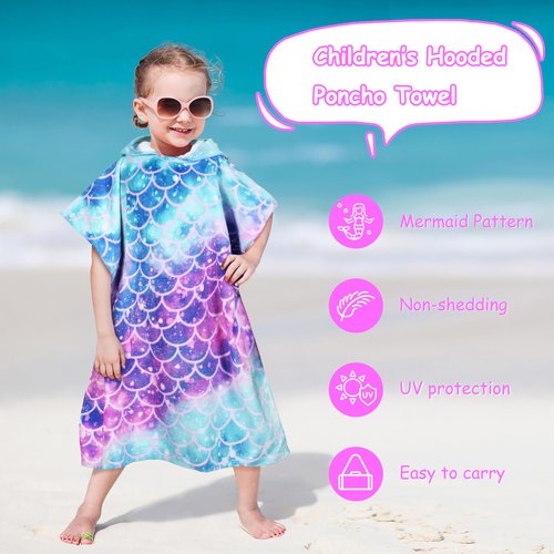 Catalonia Kids Mermaid Hooded Poncho Towel for Toddler Aged 2-6, 100% Cotton, Absorbent Girls Bath Towel, Swim Changing Robe, Sand Proof