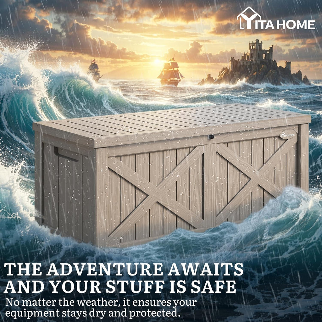 YITAHOME 150 Gallon Outdoor Storage Box - Waterproof Resin Deck Bench for Patio & Garden - Lockable, Taupe
