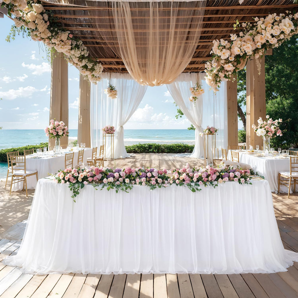 White Table Cloths 8 Foot Rectangle Stretch Ruffle Tulle Tablecloth Spandex Fitted Table Cover for 8 Foot Tables White Tulle Table Skirts Rectangle Tables 8ft Elastic Party Wedding Table Cloths 2Pack
