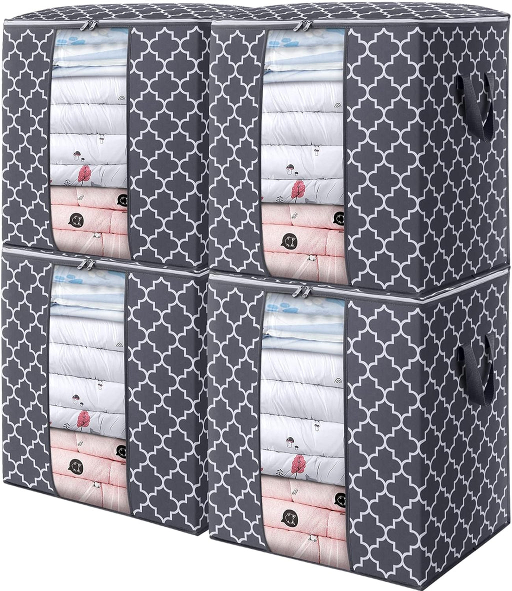 WISELIFE Storage Bags - 4 Pack 100L Large Blanket and Clothes Organizers | Foldable with Reinforced Handles, Clear Window, Gray