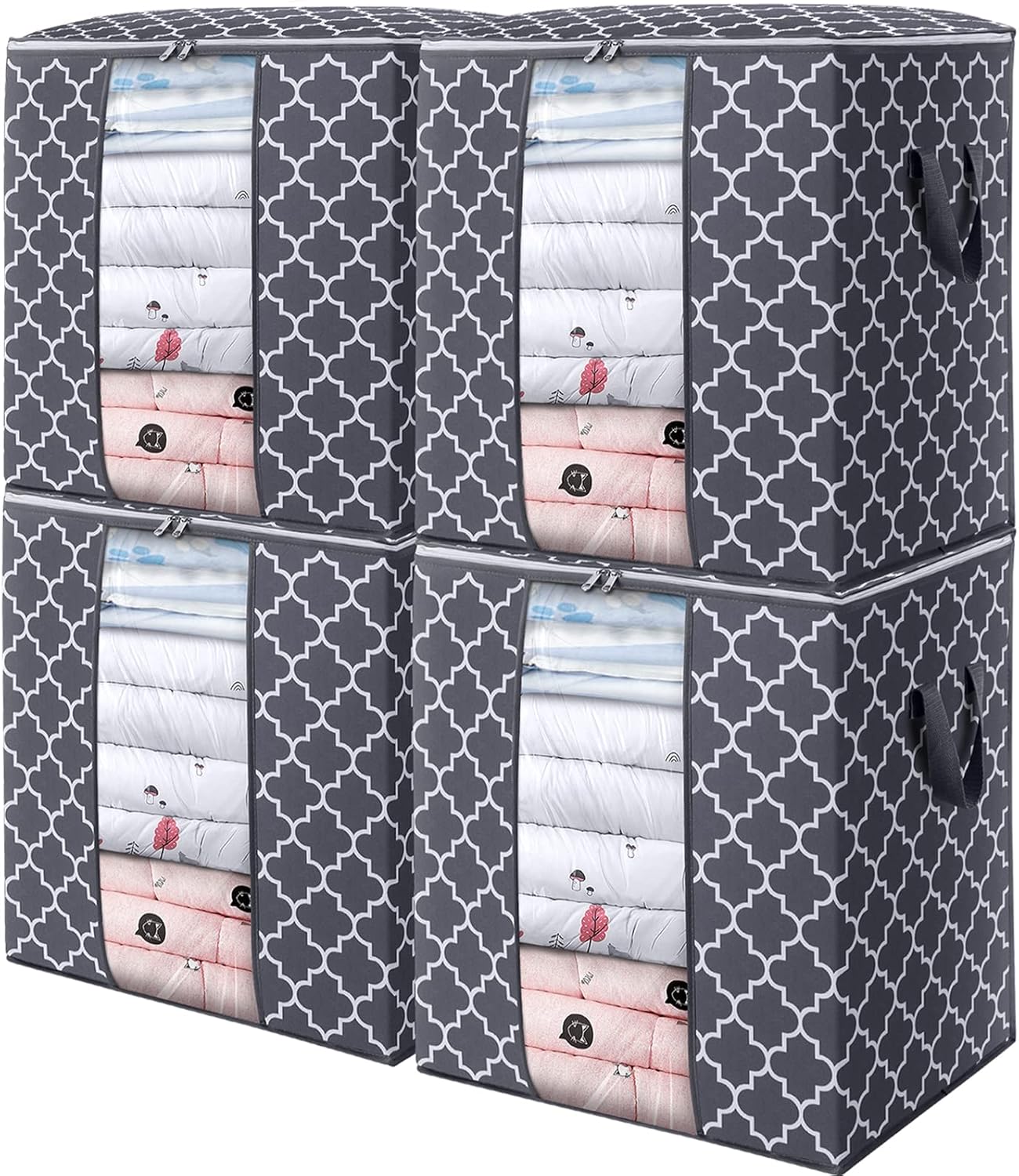 WISELIFE Storage Bags - 4 Pack 100L Large Blanket and Clothes Organizers | Foldable with Reinforced Handles, Clear Window, Gray