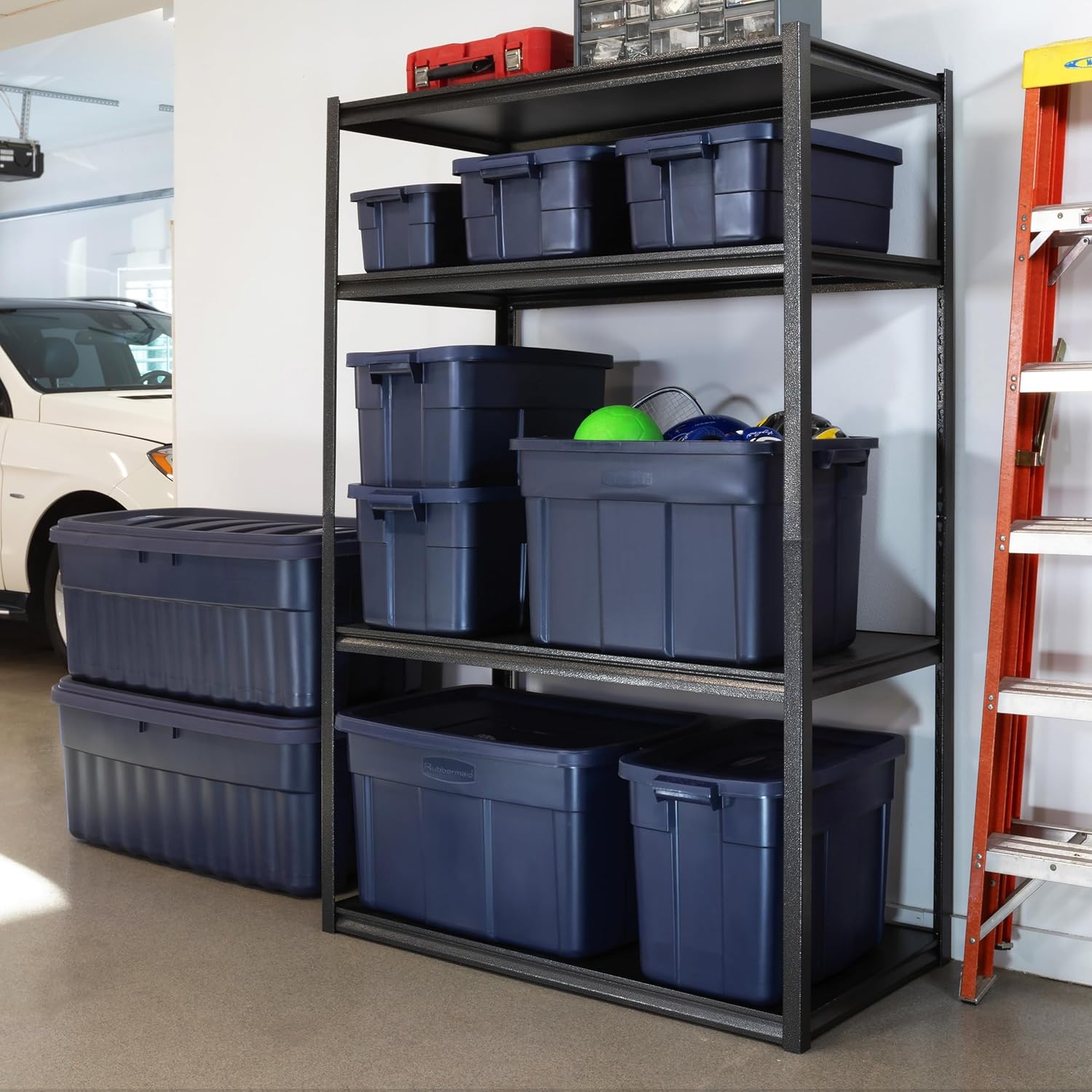 Rubbermaid Roughneck Tote - Durable Dark Indigo Metallic Storage Bins with Lids & Handles | Pack of 10
