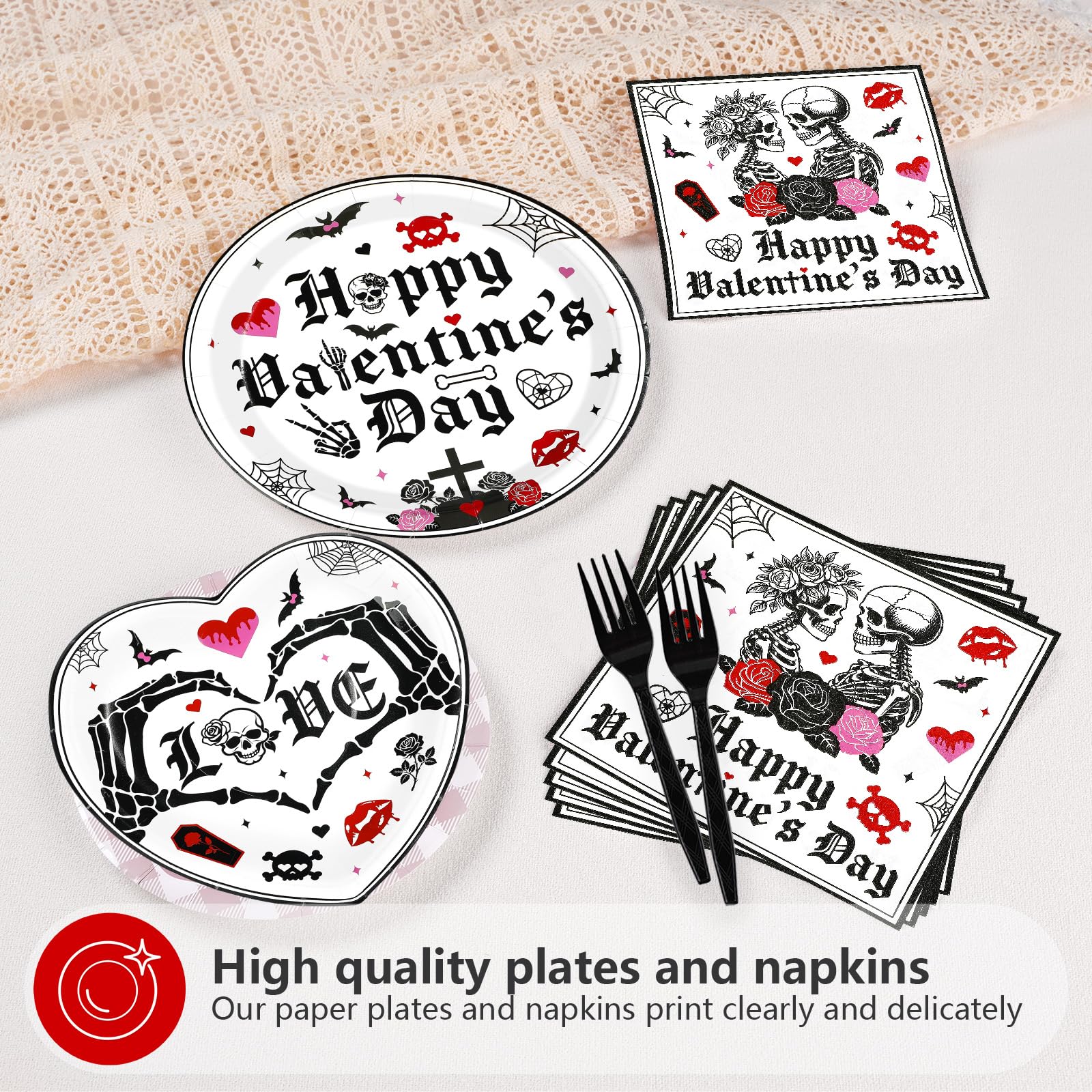 Greencian 96Pcs Valentine's Day Party Supplies Romantic Gothic Heart Love Plates and Napkins Happy Valentine Day Tableware Set for Gothic Valentines Day Wedding Anniversary Party Supplies Serves 24