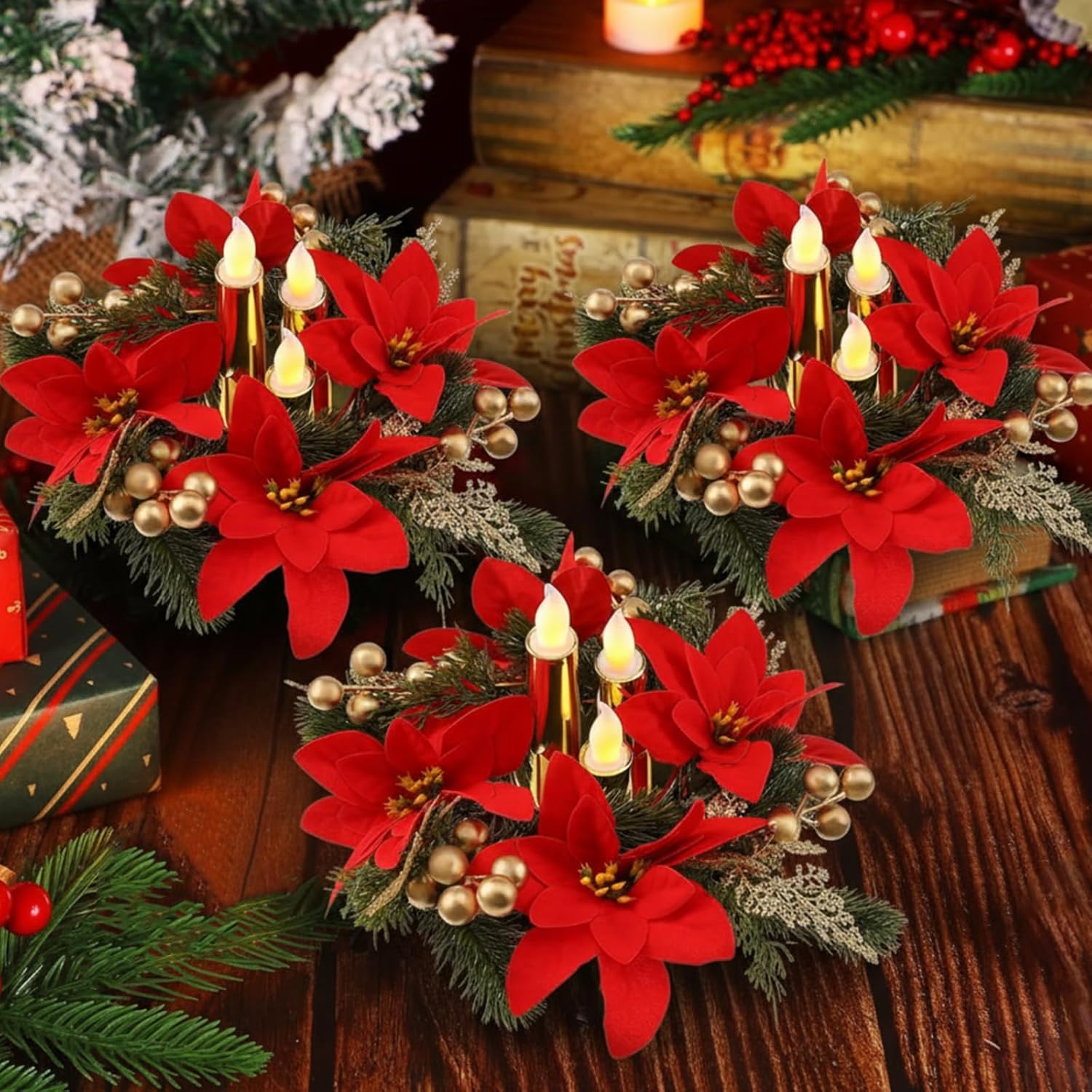 Tuanse Christmas Poinsettia Centerpieces - Flameless Candle Holders with LED Candles | Red & Gold Decor