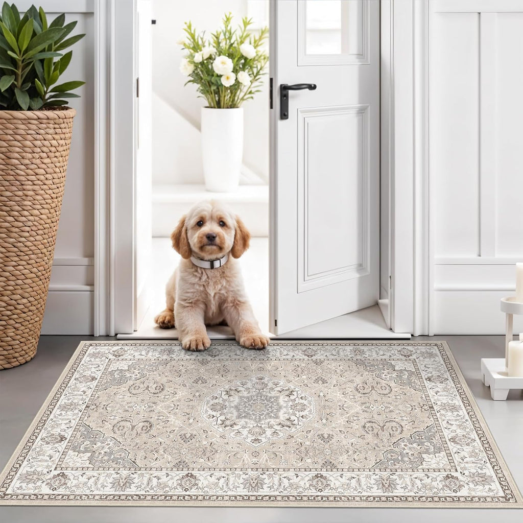 Skiennix Washable 2x3 Entryway Area Rug - Soft Non-Slip Vintage Kitchen Runner in Beige