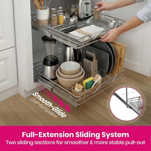 Heavy-Duty Steel 2-Tier Pull-Out Cabinet Organizer by [Brand Name] - Full-Extension Shelves, Easy Install, 14" W x 21" D x 16.5" H