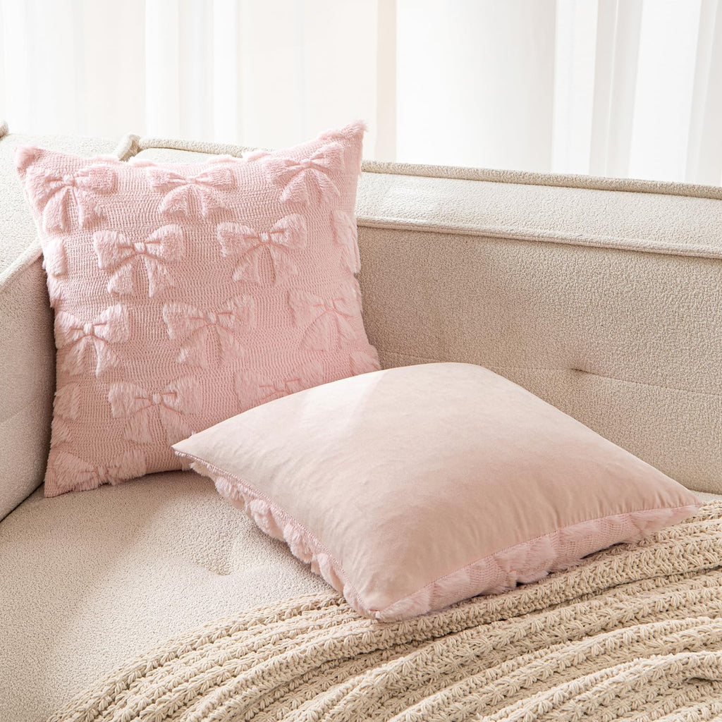 MIULEE Light Pink Bow Pillow Covers Coquette Room Decor Aesthetic Set of 2 Spring Decorative Cute Girl Soft Plush Faux Pillowcase for Preppy Room Decor Bedroom Couch,18x18 Inch