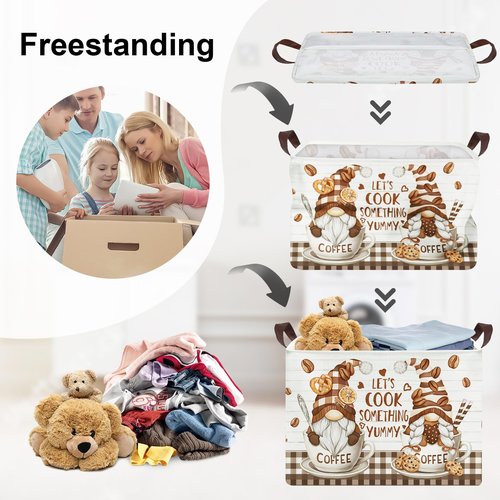 HUUMONSS Kitchen Decor Tools Kid Storage Basket Collapsible Clothes Baby Nursery Hamper Large Book Shelf Basket Boy Girl Toy Box Bin, Gnome Coffee, 36L