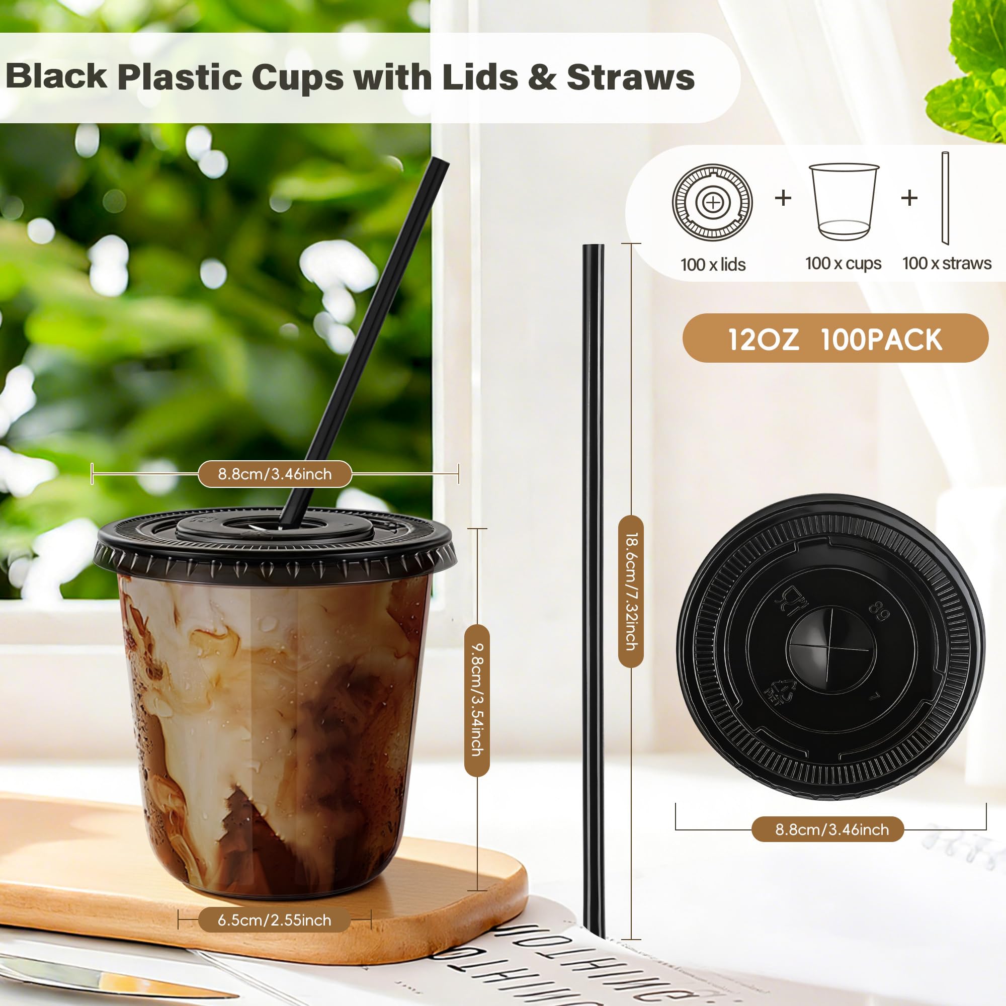 tchrules 100 Set 12oz Black Plastic Cups with Lids & Straws, Disposable Iced Coffee Cup with Lid, Round Bottom Plastic To Go Cups for Cold Drinks Slushie Smoothie Lemonade Party Picnic Shop Supplies