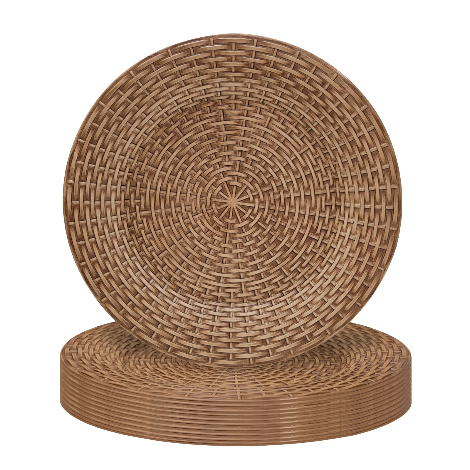 MAONAME Faux Rattan Charger Plates Set of 12, Table Chargers for Dinner Plates, 13" Round Brown Plate Chargers, Plastic Charger for Table Setting, Wedding Decor