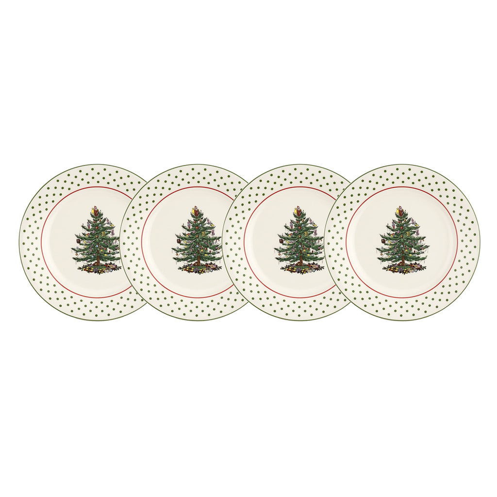 Spode Christmas Tree Polka Dot Dessert Plate (Set of 4) - Festive 8-Inch Stoneware Plates for Holiday Entertaining, Appetizers, Snacks - Microwave, Dishwasher, Freezer Safe Party Appetizer Dishes
