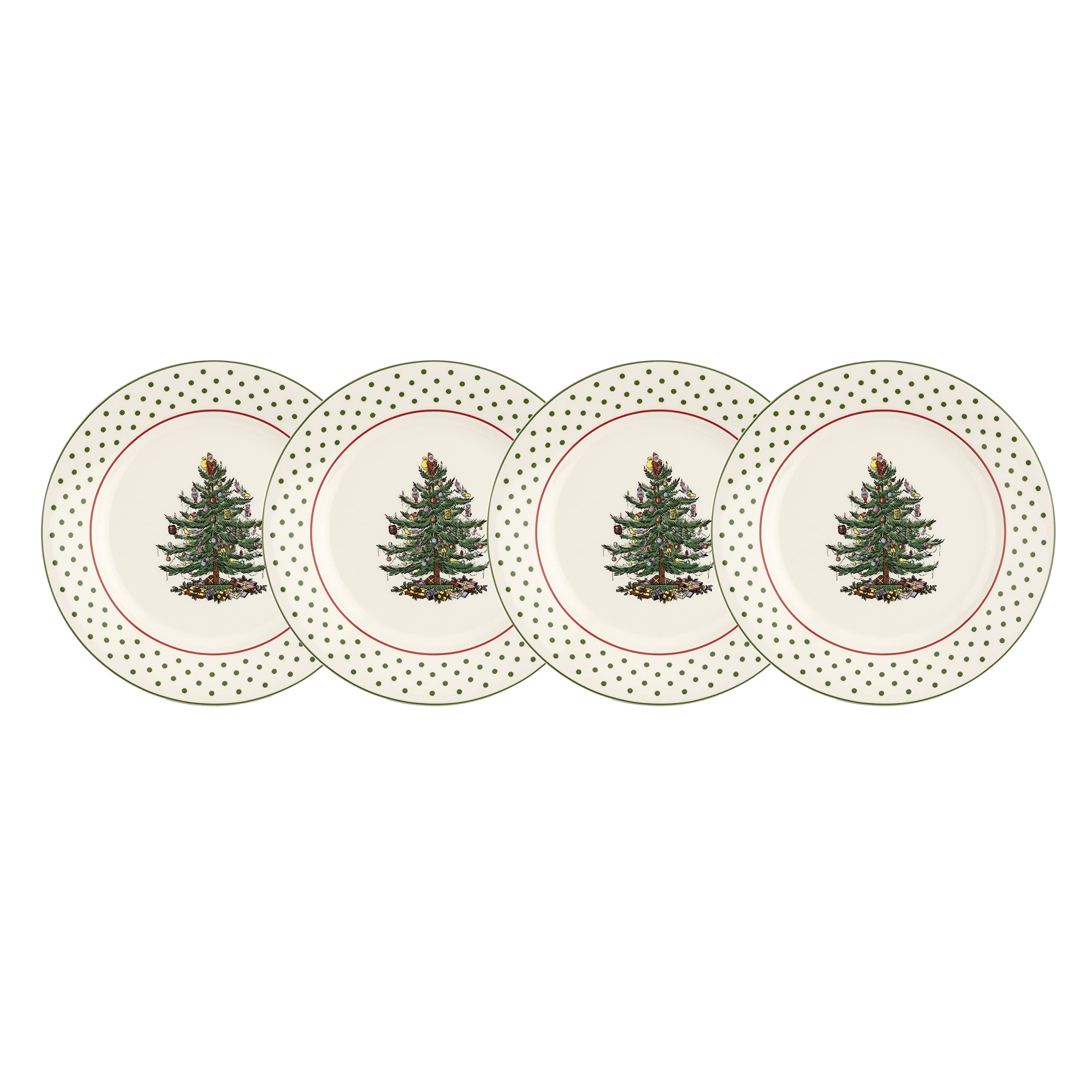 Spode Christmas Tree Polka Dot Dessert Plate (Set of 4) - Festive 8-Inch Stoneware Plates for Holiday Entertaining, Appetizers, Snacks - Microwave, Dishwasher, Freezer Safe Party Appetizer Dishes