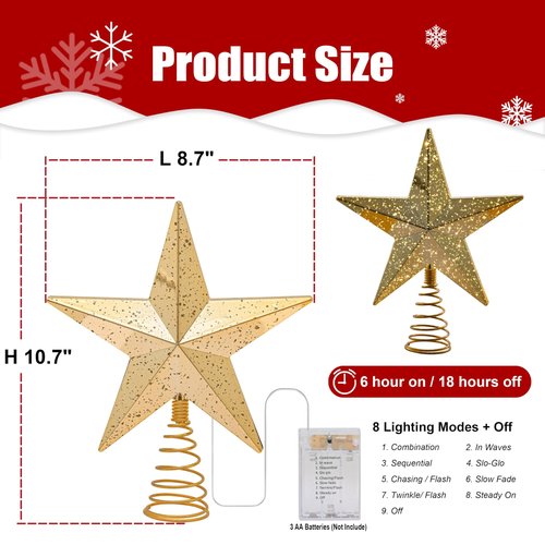 10FT Christmas Tree Stand for Real & Artificial Trees, 24" Base Holds up to 10 ft Live Trees & 3D Tree Topper with Timer, 20 Clear Lights & 8 Light Modes (Gold)