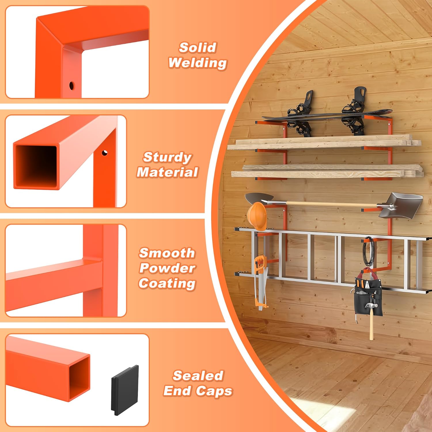 Ultrawall Lumber Storage Rack - Heavy-Duty Wall-Mounted Wood Organizer | Holds 220 LBS Per Level (Pack of 4, Orange)