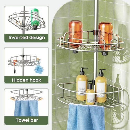 HAMITOR Corner Shower Caddy - 4-Tier Rust-Resistant Adjustable Organizer | 47-121 Inch No-Drill Installation - Space-Saving Silver Gray