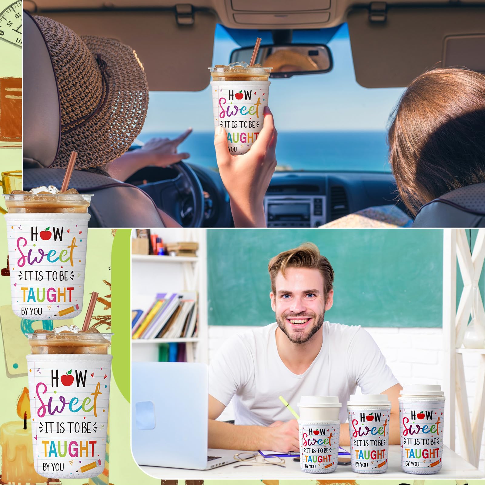 FoldTier 3 Pcs Teacher Appreciation Gifts Reusable Iced Coffee Sleeves Teachers Coffee Sleeves for Iced and Hot Drinks Gifts for End of School Year Graduation(Sweet)