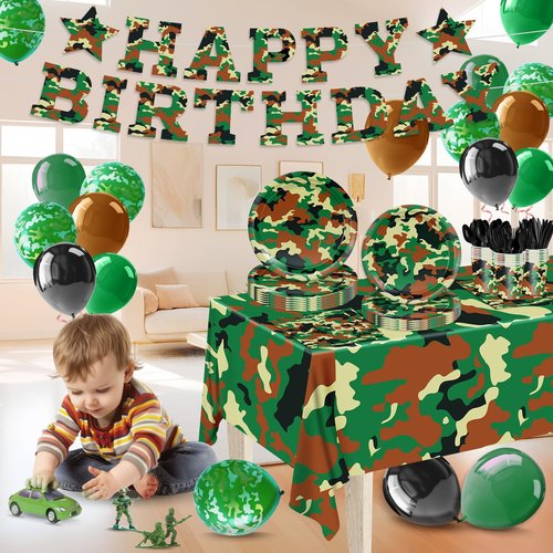 206pcs Camo Party Decorations Paper Plates Napkins Camouflage Tableware Set Disposable Cups Forks Knives Spoons with Camo Tablecloth Banner for Boy Camouflage Hunting Military Birthday Party Supplies
