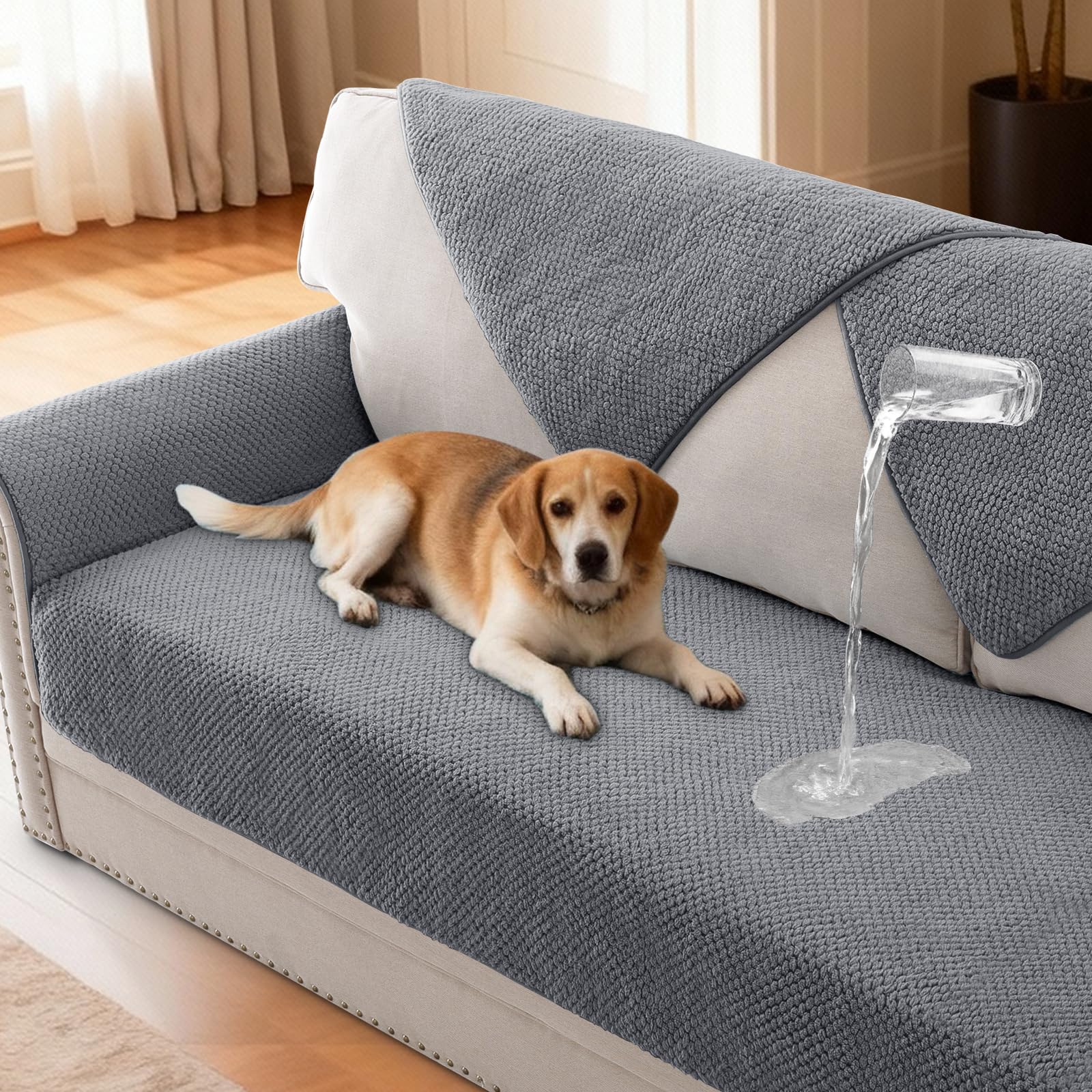 H.VERSAILTEX Waterproof Couch Cover Plush Sofa Cover with Strap Soft Anti Slip Sofa Slipcovers for 2 Cushion Couch Chaise Couch Protector Cover for Dogs Cats Kids,36x60'',Gray