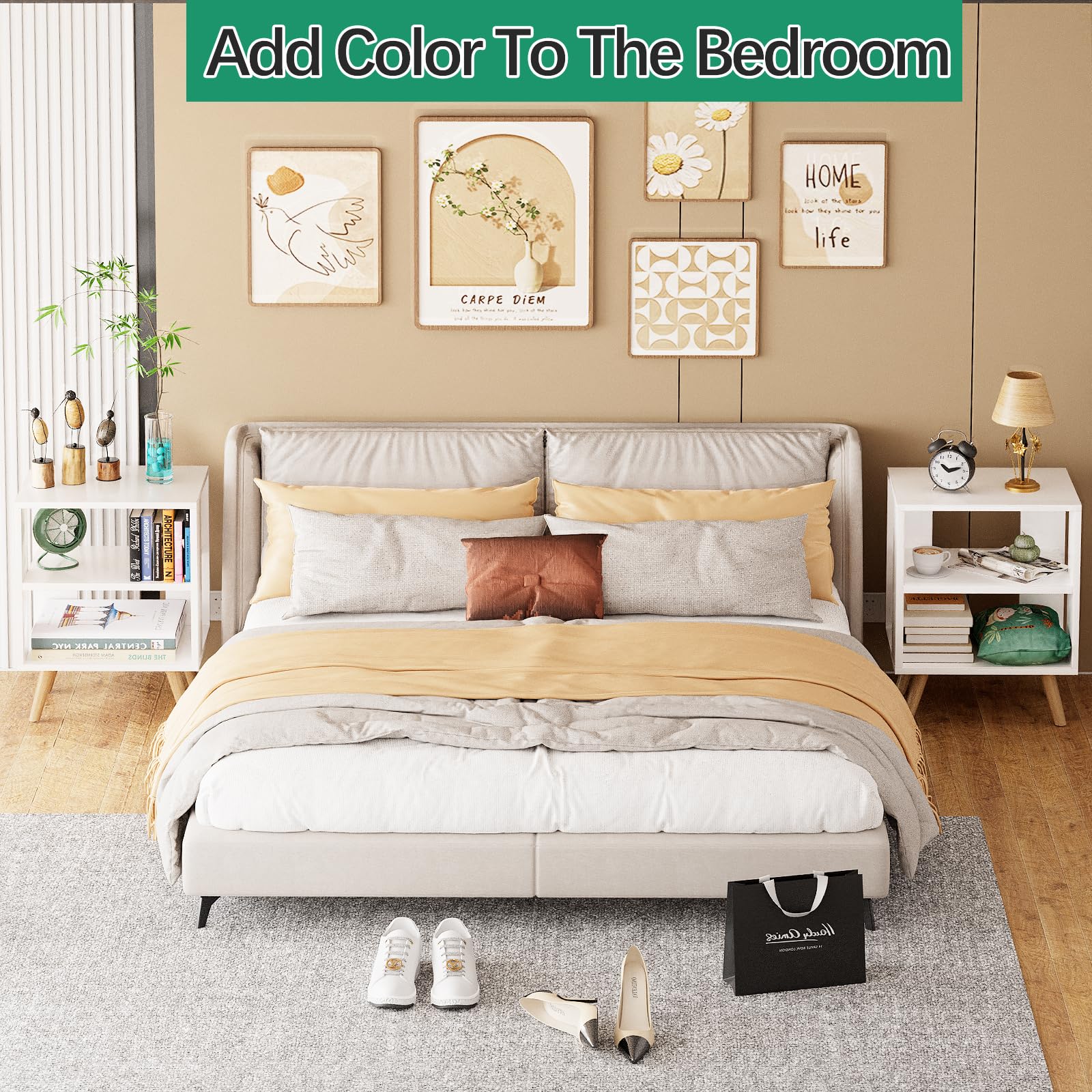 Aenuert Night Stand, White Nightstand, Modern End Table with Open Storage, 2-Tier Bedside Table for Small Space, Living Room, Bedroom