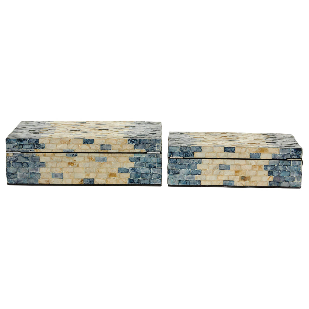 Deco 79 Mother of Pearl Shell Handmade Decorative Box Decorative Keepsake Boxes with Hinged Lid, Set of 2 Storage Boxes 14", 12"W, Blue