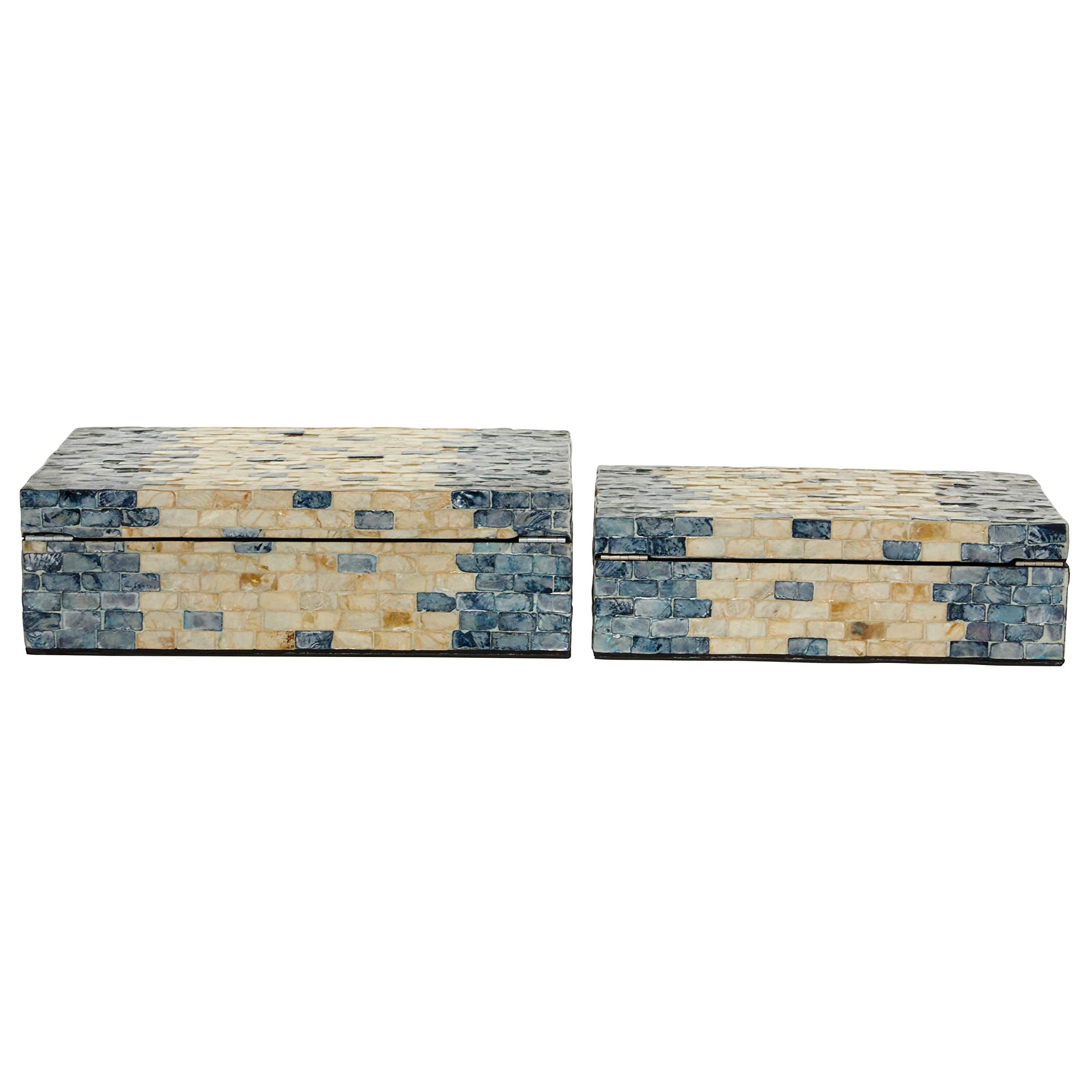 Deco 79 Mother of Pearl Shell Handmade Decorative Box Decorative Keepsake Boxes with Hinged Lid, Set of 2 Storage Boxes 14", 12"W, Blue