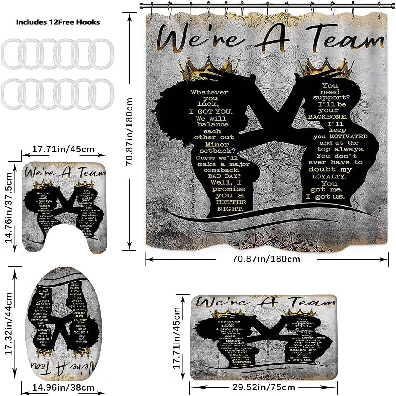 Skiennix Black King Queen Shower Curtain Set - Inspirational Bathroom Decor with Rugs & Bath Mat