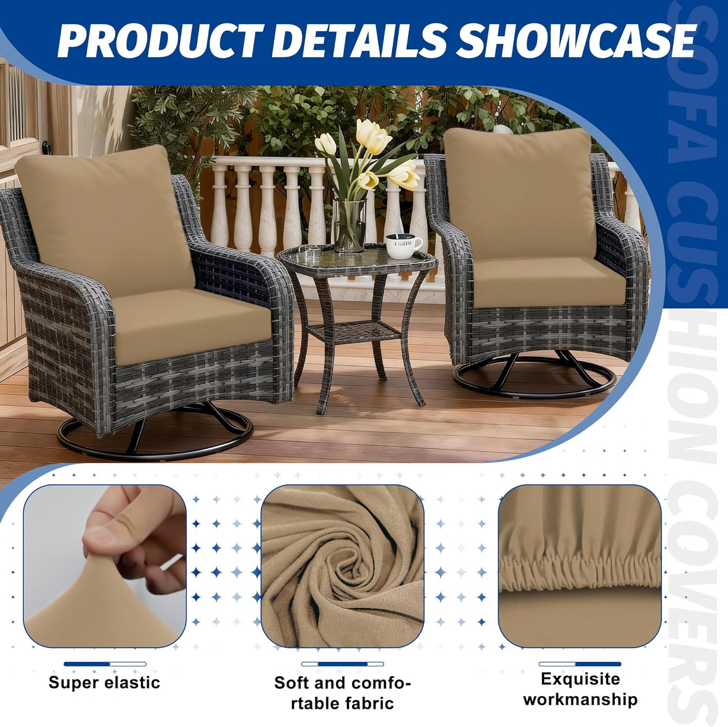 Skiennix Patio Cushion Covers - Washable Outdoor Sofa Slipcovers for Furniture (4PCS, Khaki)