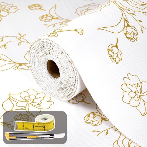 Shelf Liners for Kitchen Cabinets Non Adhesive Drawer Liner 23.6in x 20FT Gold Floral Thickened Shelf Liner Paper Strong Non-Slip Easy to Clean for Tool Box Refrigerator