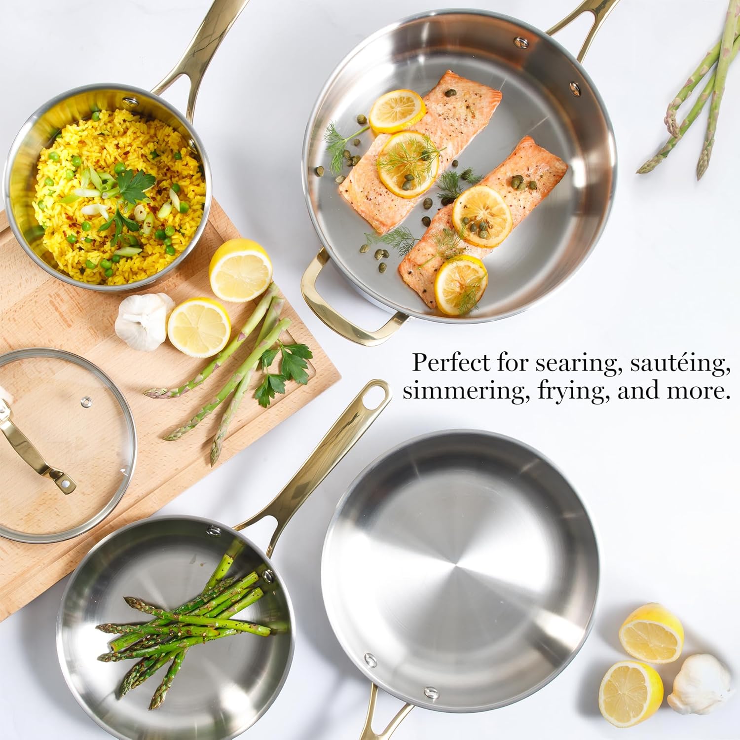 Martha Stewart Castelle 10-Piece Stainless Steel Cookware Set | Durable, Induction Safe, Non-Toxic - Gold Handles