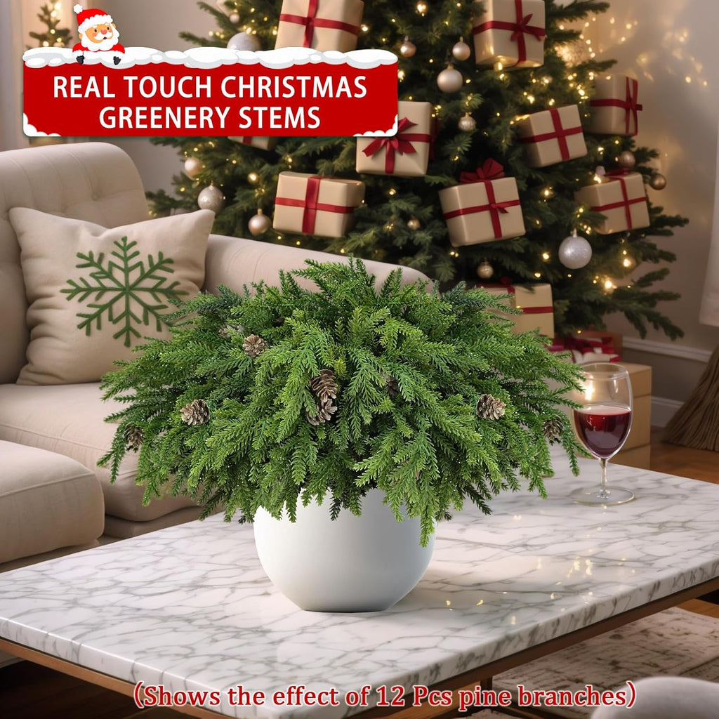 Skiennix Christmas Pine Stems - Realistic Artificial Greenery with Pinecones | 6 Pcs for Home Decor