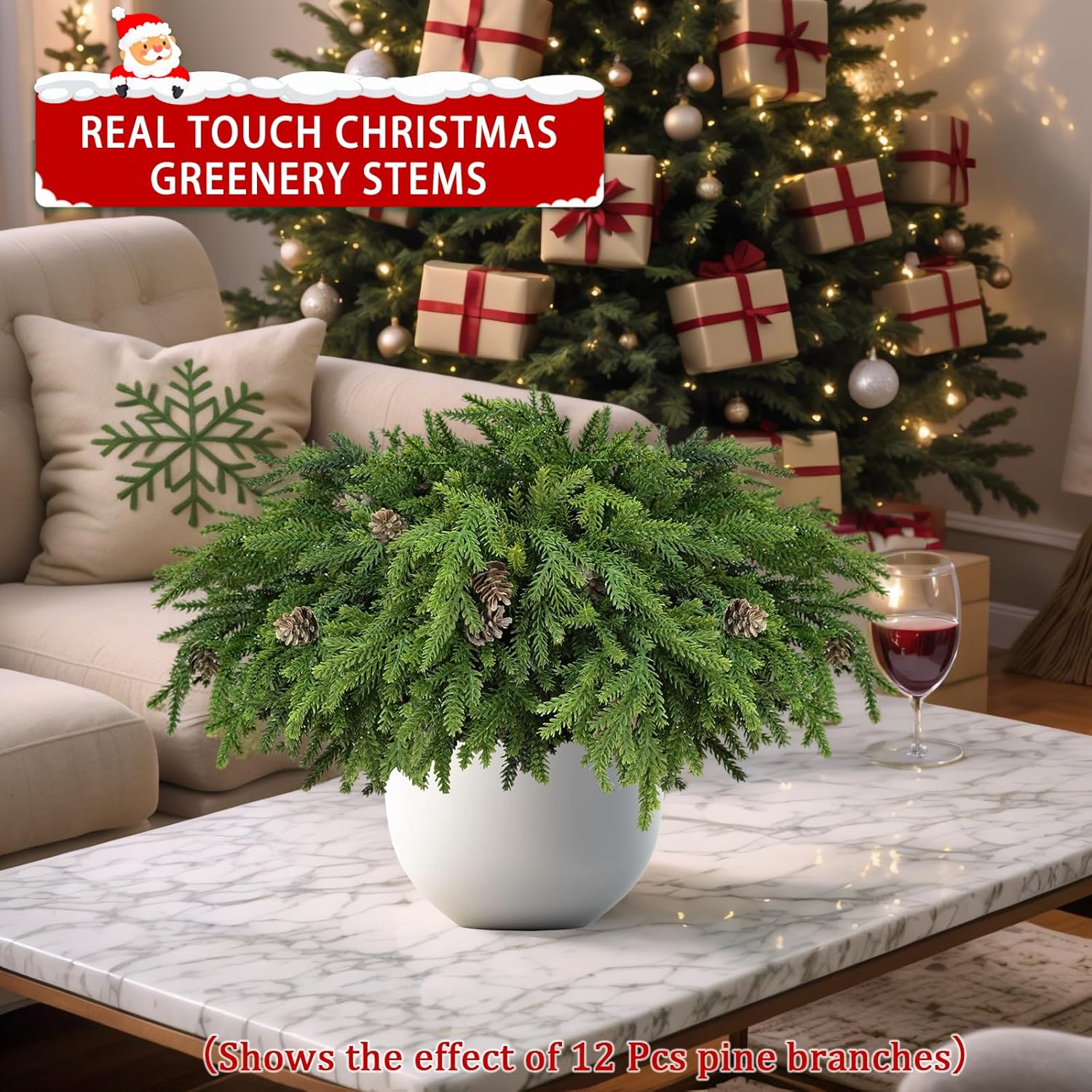Skiennix Christmas Pine Stems - Realistic Artificial Greenery with Pinecones | 6 Pcs for Home Decor