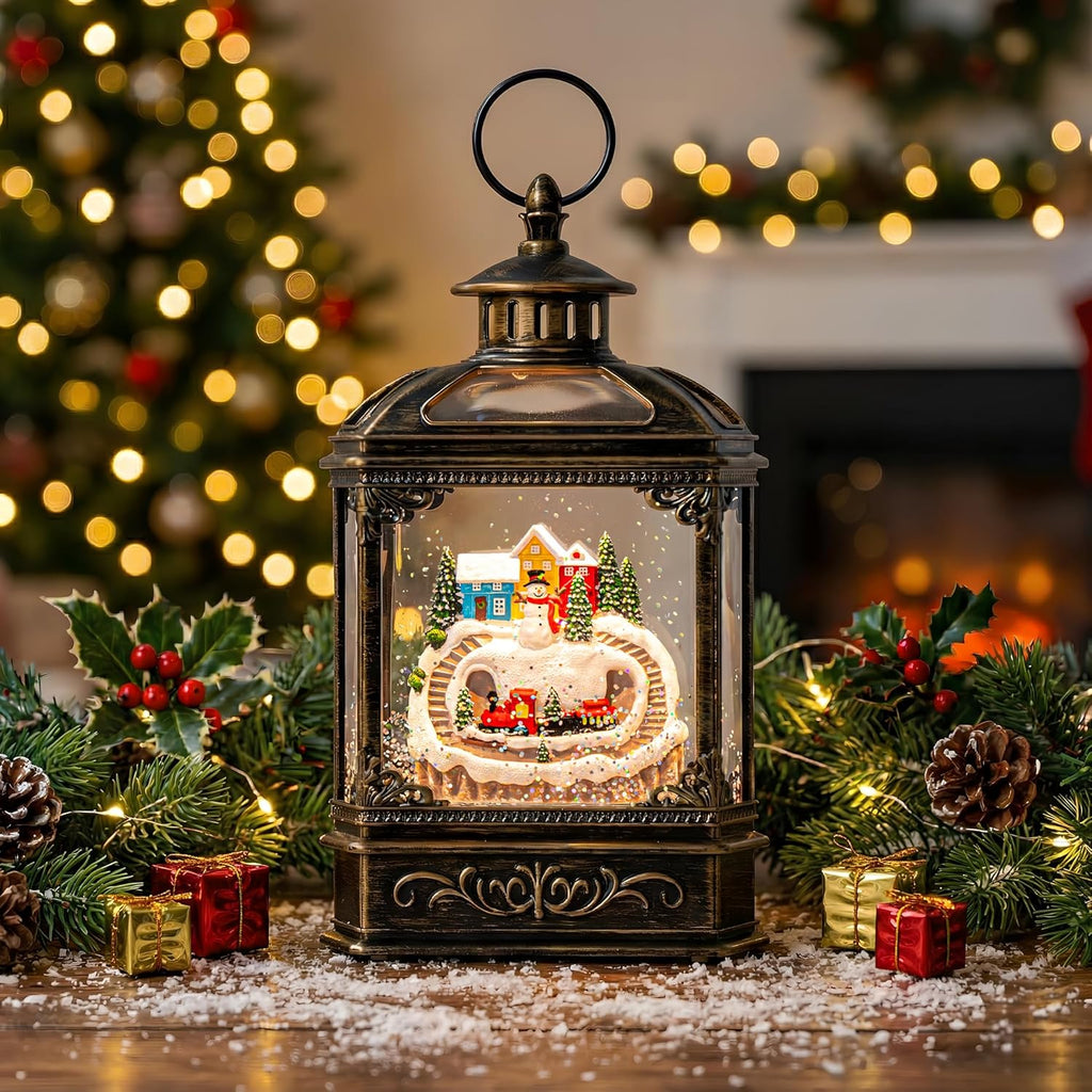 VISFLAIR Christmas Village Snow Globe Lantern - Musical Lighted Snowman & Train | Battery Operated or USB Powered