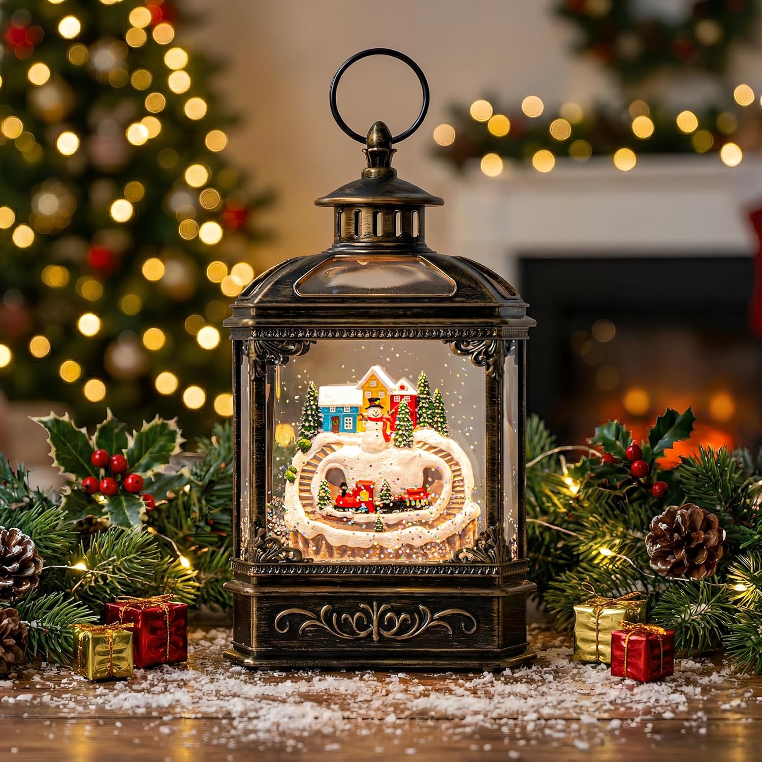 VISFLAIR Christmas Village Snow Globe Lantern - Musical Lighted Snowman & Train | Battery Operated or USB Powered