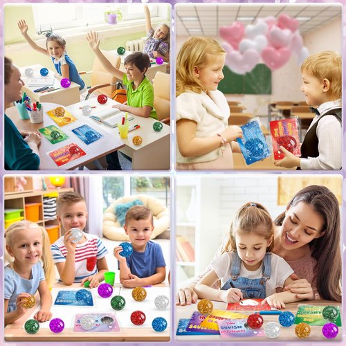 NEUBSAW 24 Packs Valentine's Day Cards with Gli-tter Stress Squishy Balls Toy for Classroom Exchange, Valentine's Gifts Party Favors for Boys Girls School, Valentine's Prizes for School