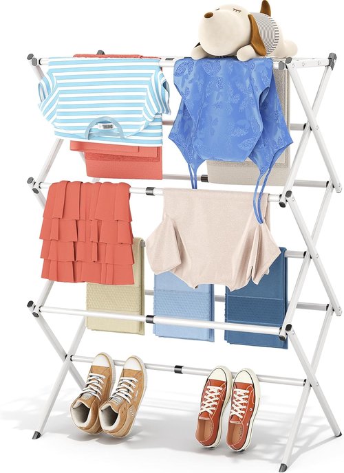 APEXCHASER Clothes Drying Rack - 3-Tier Expandable Metal Laundry Dryer | Collapsible White Towel Rack