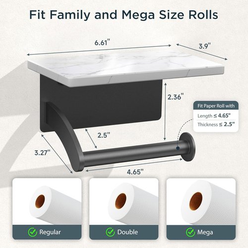 FORIOUS Toilet Paper Holder - Natural Marble Wall Mount with Phone Shelf | Matte Black 304 Stainless Steel