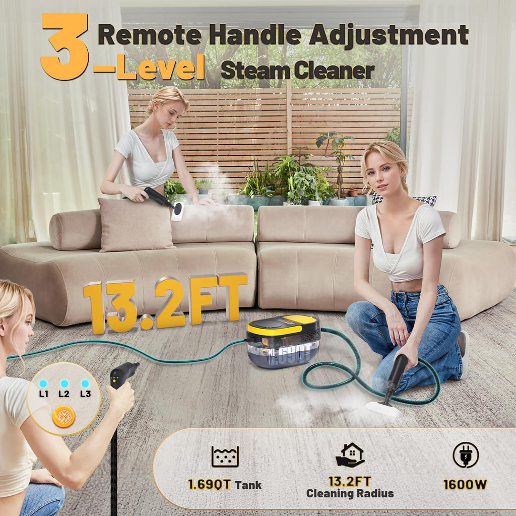 Gautye Steam Cleaner, 3 Level Adjustable Handle, 15s Heat Up, 1.69 Quarts Tank, Portable Steamer for Cleaning with 15 pcs Accessories, Steam Cleaner for Home for Dirt, Grease, Grout, Tile,Floor, Car