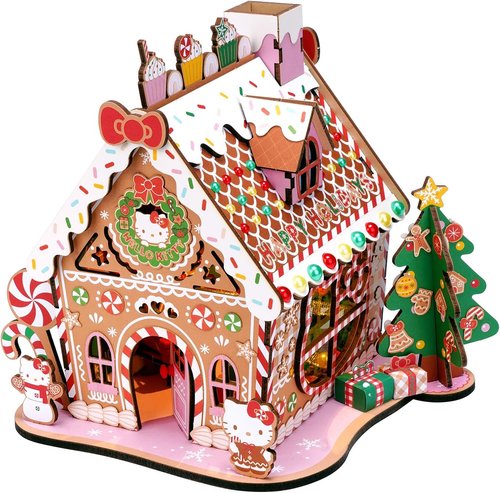 Hands Craft Hello Kitty Gingerbread House Kit - DIY Wooden 3D Puzzle for Holiday Decor | Fun Christmas Craft for Ages 14+