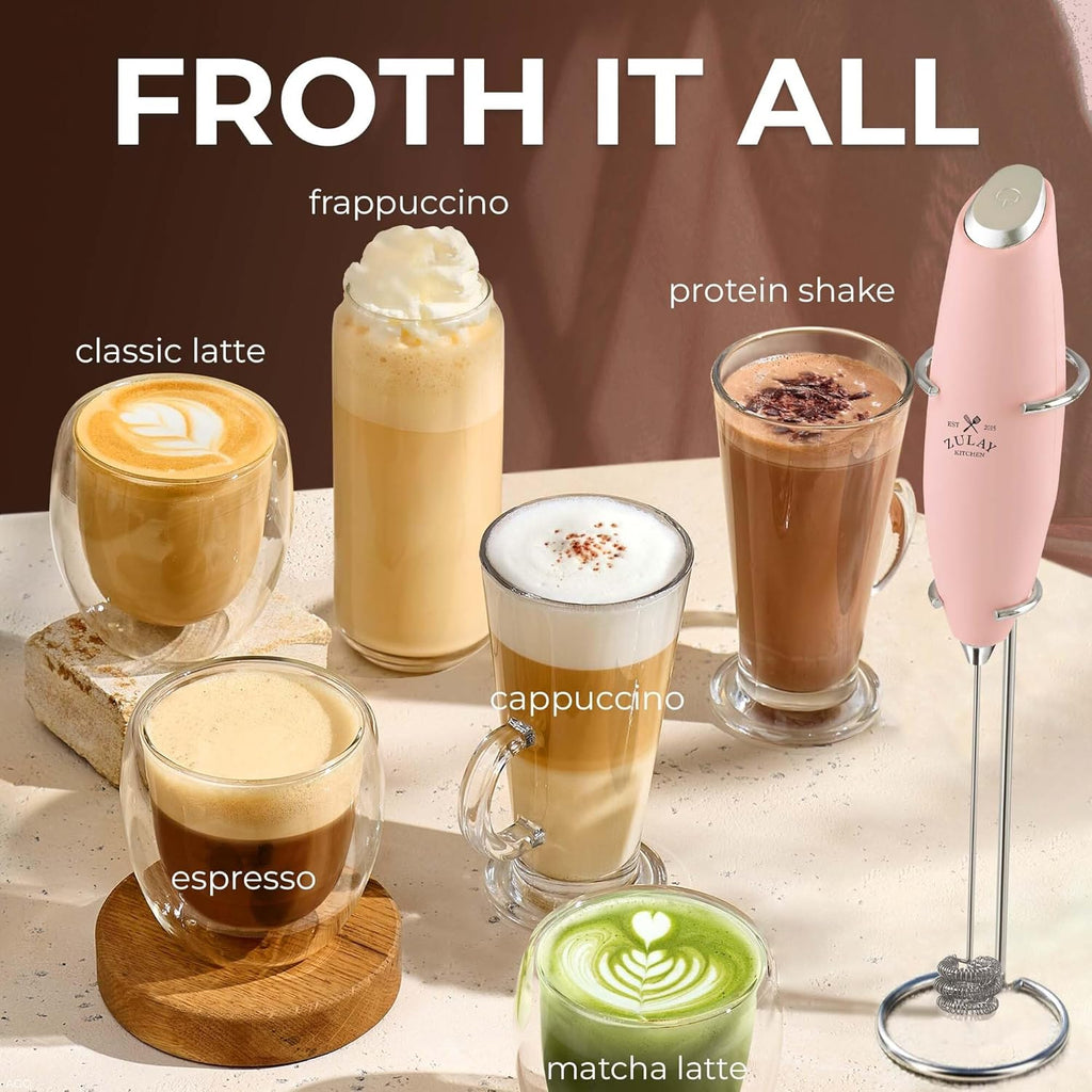 Zulay Kitchen Tornado Triple Whisk Milk Frother - Handheld Foam Maker for Coffee & Lattes | Spritz Pink, Includes 4 Duracell Batteries
